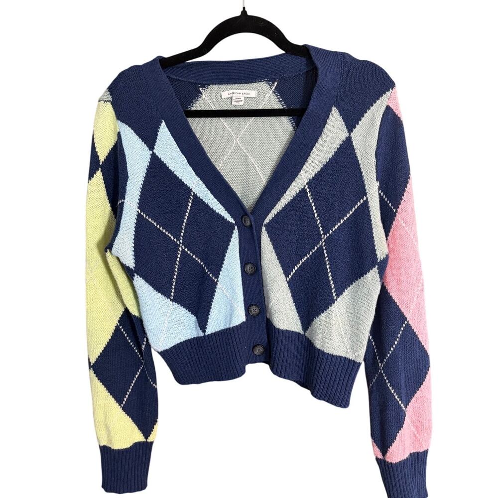 American Eagle Cropped Argyle Cardigan Sweater M Navy Pastel Preppy Coquette Y2K